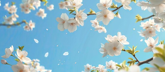 Sticker - Charming white cherry blossoms displayed on a clear blue sky ideal as a wallpaper with copy space image