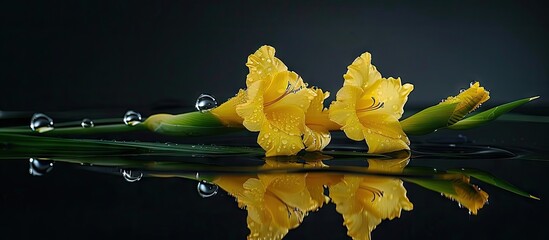 Fototapete - A beautiful yellow gladioli stem with water droplets displayed on a reflective black background ideal for copy space image