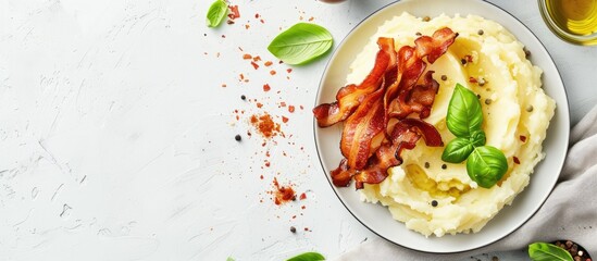 Poster - White table with fried bacon mashed potato and basil with ample copy space image