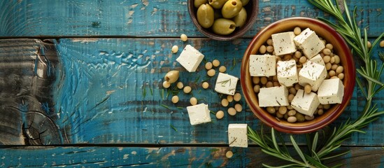 Aufkleber - Flat lay composition with appetizing tofu soybeans olives and rosemary arranged on a blue wooden surface providing room for text in a banner design with a copy space image
