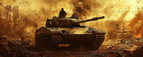 Wall Mural - Walking tank navigating through a maze of rubble, urban landscape ravaged by war, smoke billowing in the distance.