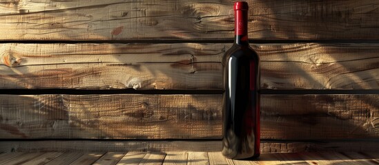 Wall Mural - Red wine bottle displayed on a rustic wooden surface with copy space image