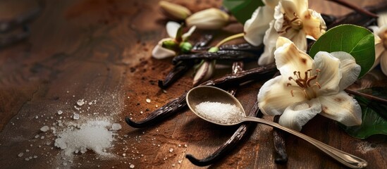Fototapete - close up view of vanilla pods flowers and leaves with a sugar filled spoon displayed on a wooden tab