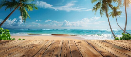 Poster - Wooden table with open view to a sunny tropical beach and palm trees perfect for presenting summer items or ad displays with copy space image