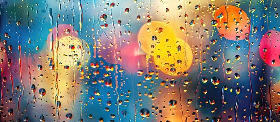 A high quality close up photo of raindrops falling on a window with a mirror background creates a copy space image of a rainy day with heavy rainfall