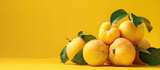 Poster - Ripe quinces with leaves on a yellow backdrop in a copy space image