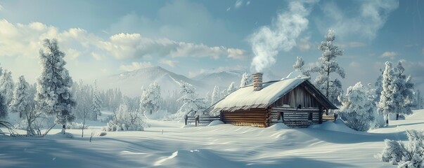 Sticker - Snow-covered hut with smoke rising from the chimney, 4K hyperrealistic photo