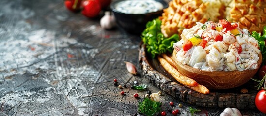 Sticker - An appetizing meal with creamy crab stick stuffing and fresh cream cheese arranged on a rustic table with a clear copy space image in the background