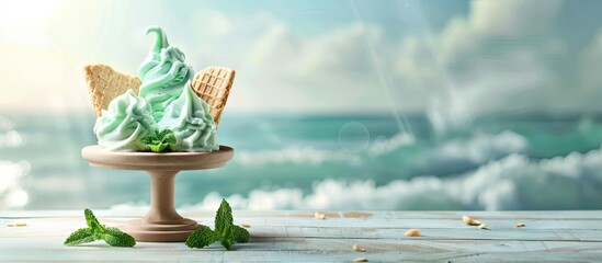 Poster - Mint ice cream in wafers displayed on a wooden stand on a table with a blurry sea backdrop in shades of blue Perfect for product advertising with copy space image