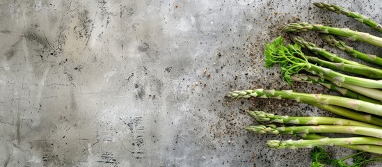 Top view of fresh asparagus on a concrete surface with copy space image