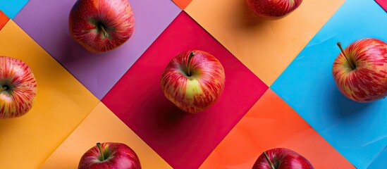 Aufkleber - Top view of several red apples displayed on a colorful backdrop featuring an autumn themed arrangement An apple is shown from above with copy space image for designs or text