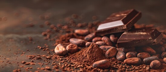 Poster - Dark chocolate cocoa beans and powder displayed on a concrete table with copy space image