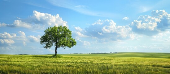 Wall Mural - rural farm landscape with a solitary tree providing a serene focal point for the copy space image