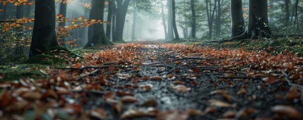 Wall Mural - Misty forest path with fallen leaves, 4K hyperrealistic photo