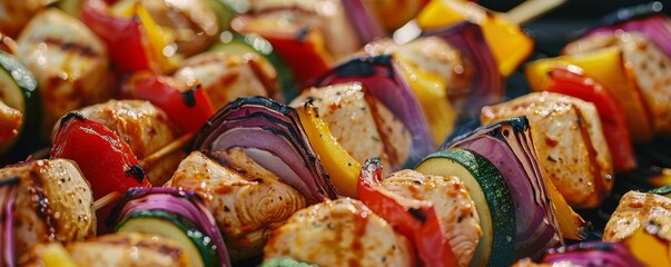 Wall Mural - Chicken kebabs with grilled vegetables, 4K hyperrealistic photo