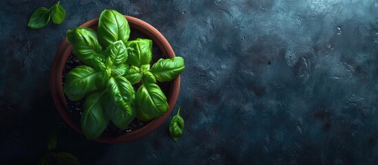 Poster - Top view of a potted fresh basil plant set against a dark background a vibrant green herb grown indoors a close up copy space image promoting healthy eating