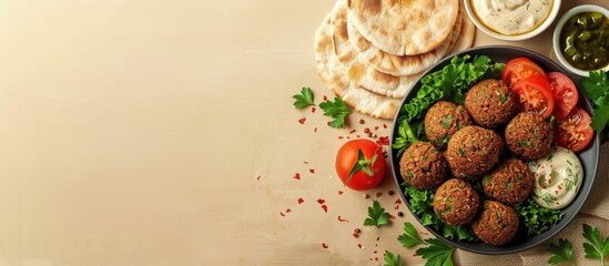 Aufkleber - A plate with appetizing falafel tomato sauce and pita on a beige background with copy space image