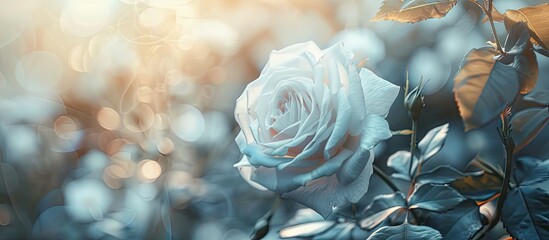 Poster - White rose in full bloom in a summer garden delicate and fragrant with copy space image