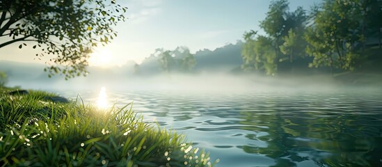 Sticker - Soft focus enhances the tranquil morning scenery by the river bank in a copy space image