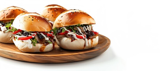 Aufkleber - Delicious roll sandwiches with raisin and white sauce beautifully arranged on a wooden plate against a white background for food photography with copy space image