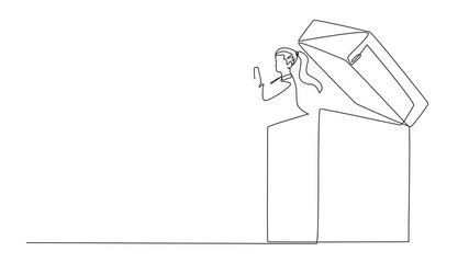 Wall Mural - Animation of a single one line drawing businesswoman comes out of a safe deposit box looking for something through binoculars. Offers the best protection for corporate data. Full length motion