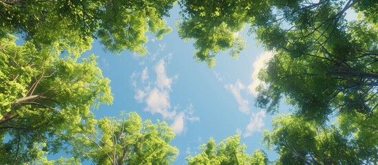Poster - Looking up through the treetops creates a natural copy space image as the greenery surrounds the clear blue sky