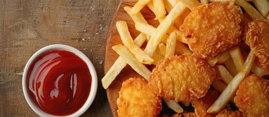 Poster - Close up of a wooden board with a variety of appetizing fast food items like fries nuggets and sauces creating a visually appealing copy space image