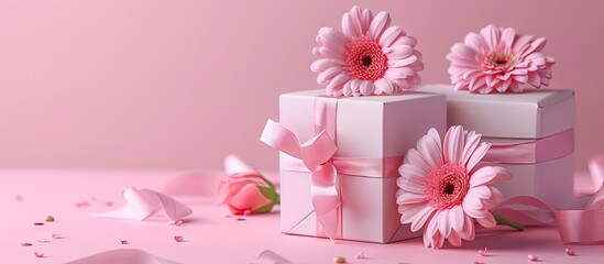 Wall Mural - International Women s Day gift boxes featuring lovely rose and gerbera decorations on a pink background with copy space image