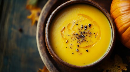 Canvas Print - Pumpkin cream soup in a wooden plate