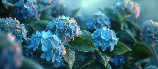 Fototapete - Beautiful hydrangea flowers in a garden with a selected focus on French Hydrangea macrophylla or Hortensia blooms creating a serene copy space image