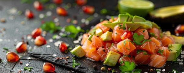 Wall Mural - Salmon tartare with avocado and lime, 4K hyperrealistic photo