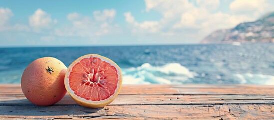 Fresh grapefruit halves on a wooden table with a scenic sea and sky background for a copy space image