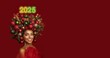 © Jadran Krnajski - Christmas and New Year card concept. New Year is a beautiful happy girl with a hairstyle decorated with Christmas decorations. A wonderful Christmas New Year portrait of the new year.