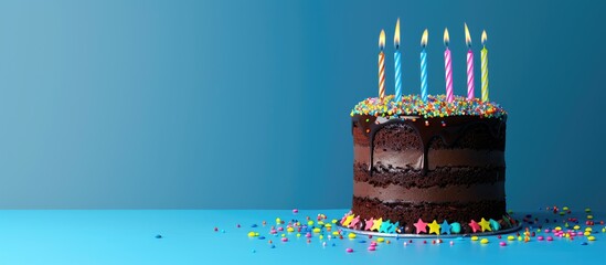 Aufkleber - A birthday cake with chocolate frosting colorful sprinkles and seven lit candles on top set against a blue background with copy space image