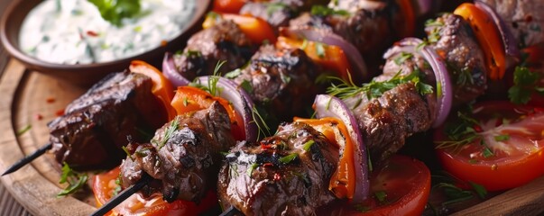 flavor-packed beef kebabs with tzatziki, 4k hyperrealistic photo