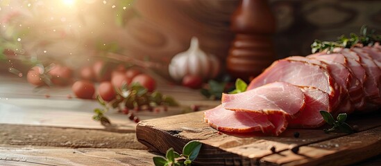 Poster - Fresh ham slice on a rustic table with copy space image in the background