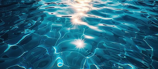 Poster - Blue swimming pool pattern with sun reflection on the water surface provides a serene copy space image
