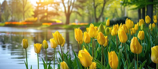 Sticker - Bright yellow tulips blooming in the park provide a vibrant and colorful display against a serene backdrop perfect for a copy space image