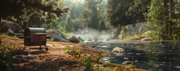 Wall Mural - Setting up a barbecue grill at the campsite for a wilderness cookout, 4K hyperrealistic photo