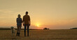 © StockMediaSeller - Two farmers admire the sunset over a field with a Golden Retriever by their side, while a combine harvester works in the distance.