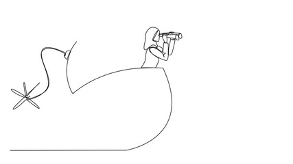 Wall Mural - Self drawing animation of continuous one line drawing Arabian businesswoman emerges from a bomb with burning fuse looking for something with binoculars. Receive danger signal. Full length animated