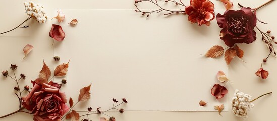 Canvas Print - From an overhead view a blank sheet of paper with a floral design on a beige background is available for writing with space for text in the image. Creative banner. Copyspace image