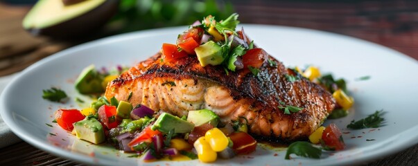 Wall Mural - Blackened salmon with avocado salsa, 4K hyperrealistic photo