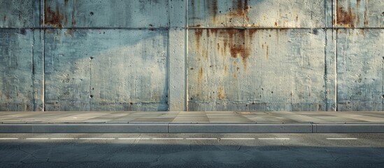 Wall Mural - A grungy concrete wall with a building facade in the background a sidewalk and asphalt road in front ideal for a copy space image