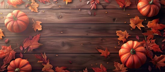 Canvas Print - A fall themed arrangement with pumpkins and colorful leaves on a rustic brown wooden backdrop perfect for adding text or graphics with copy space image