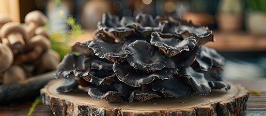 Aufkleber - Dried black fungus mushrooms are a delicious snack placed on a table with a food background perfect for a copy space image
