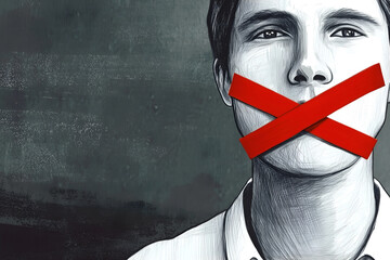 Wall Mural - A red tape crossed over the mouth of a man, symbolizing the restriction of free speech