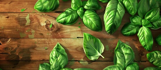 Aufkleber - Fresh green organic basil leaves displayed on a textured wooden background ideal for vegan cuisine with a refreshing taste perfect for salads and ample space for text or a copy space image