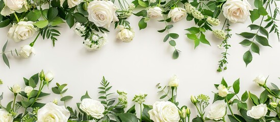 Poster - White roses greenery and blossoms form an elegant floral border frame on a white background in this nature themed design perfect for event mockups with copy space image
