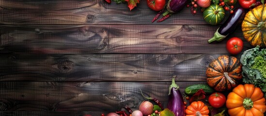 Poster - Various colorful vegetables like pumpkins eggplants cucumbers tomatoes and peppers displayed on a wooden background representing the autumn harvest season with a top view copy space image